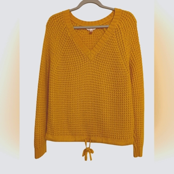 NEW WOMEN'S MUSTARD KNITTED V-NECK LONG SLEEVE SWEATER W/ TIE WAIST XXL - Picture 1 of 2
